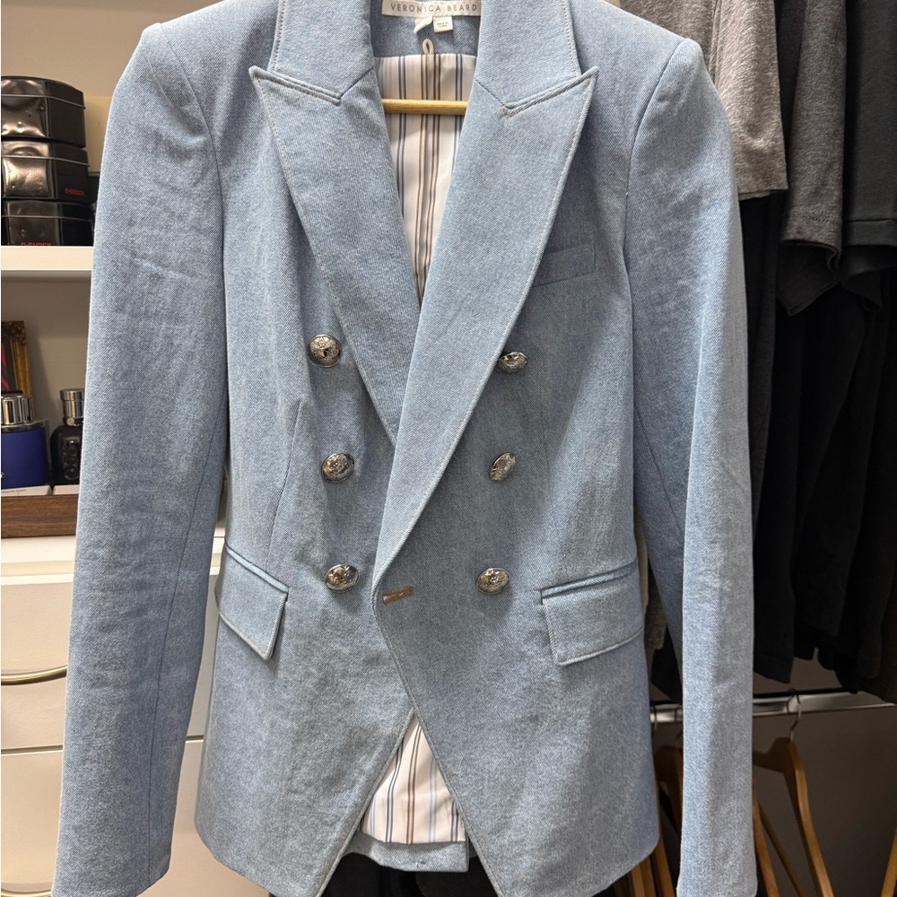 Veronica Beard Sky Blue Denim Blazer with Silver Buttons